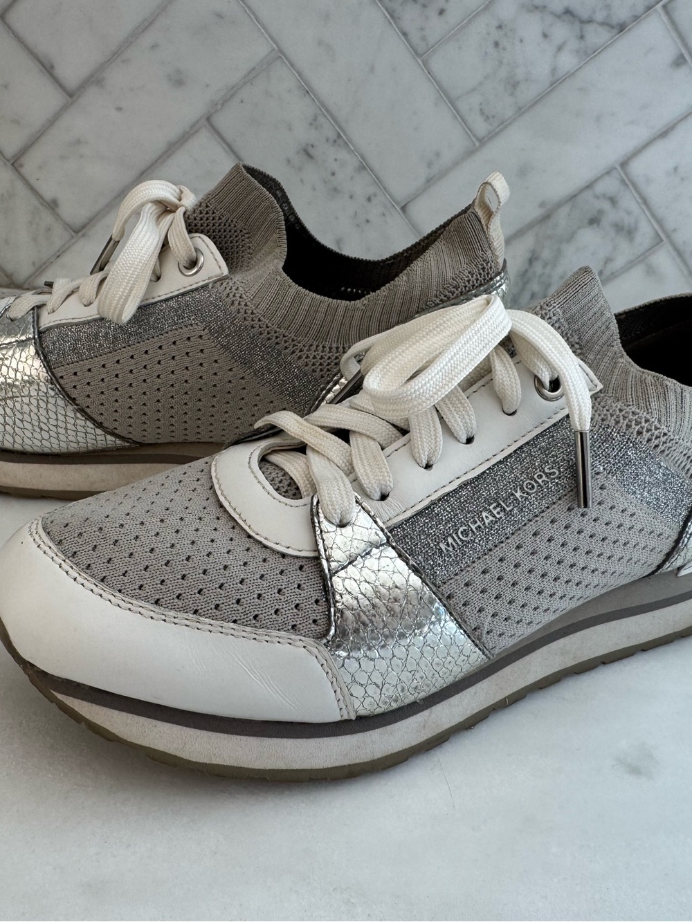 Michael Kors Silver & Gray Knit Lace-Up Sneakers Size 8